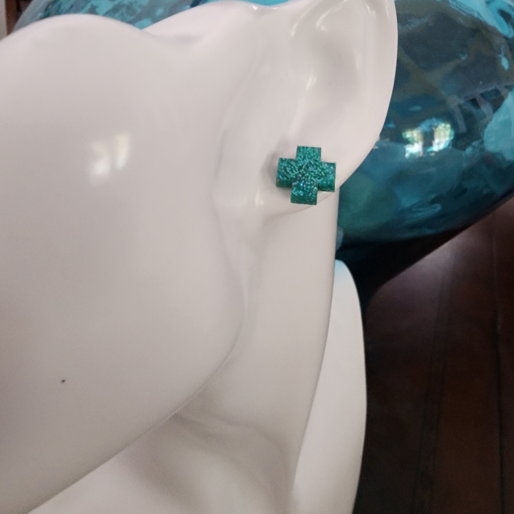 Teal Glitter Cross Shaped Stud Earrings